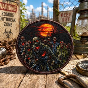 May include: A circular embroidered patch featuring a group of zombies with glowing red eyes and chest wounds, set against a dark background with a large orange sun. The detailed stitching depicts a post-apocalyptic scene with silhouettes of buildings.