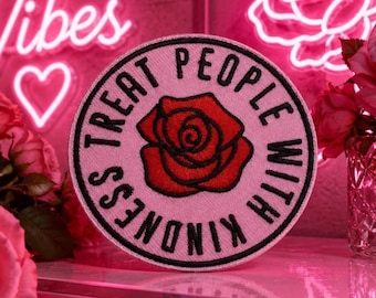 Treat People With Kindness Patch/Iron-On Patch/Boho Floral/Red Rose Badge/Embroidered Sew-on Applique for Clothing Vest/Jacket Hats Backpack