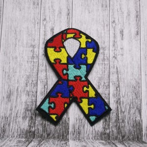 Iron-On Light Blue Ribbon Patch/Autism Patch/Puzzle Ribbon Patch/Awareness Support Patch/Embroidered Applique for Vest/Fundraiser Gift