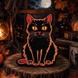 Black Cat Patch/Iron-On Patch/Halloween Spooky feline/Gothic Witchy Vibes/Embroidered Sew-on Applique for Trick or Treat Bag Clothing Hats