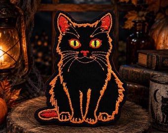 Black Cat Patch/Iron-On Patch/Halloween Spooky feline/Gothic Witchy Vibes/Embroidered Sew-on Applique for Trick or Treat Bag Clothing Hats