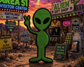 Green Alien Patch/Iron-On Patch/Flying Saucer/Area 51/UFO Badge/XFile/1.5"x3"/Embroidered Sew-on Applique for Clothing Jacket Hats Backpack