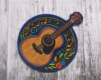 Acoustic Guitar Patch/Iron-on Patch/Folk music emblem/hippie style/retro music lover/Sew-On Applique for Clothing Backpack Vest/Jacket Hats