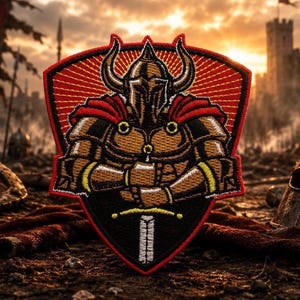 May include: A shield-shaped embroidered patch featuring a warrior in golden armor with a horned helmet and a red cape. The warrior stands with arms crossed over a sword. The design includes a red sunburst background and a black border.