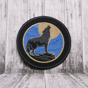 Wolf Patch Embroidered Iron-on Applique for Jacket, Clothing, Backpack, Tote Bag, Vest, howling coyote, moonlit wild animal, forest nature