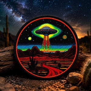May include: Circular embroidered patch depicting a UFO over a desert scene. The design features a black starry sky, a green and yellow UFO, and a red desert landscape with a road. The patch has a black border with a red outline.