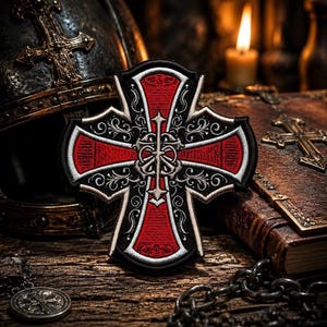 May include: Embroidered patch depicting a red cross with black and white ornate detailing. The patch has a black border. The image includes a wooden surface, a helmet, and a lit candle. The cross design is intricate and detailed.