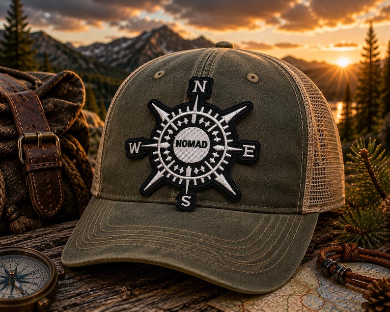 May include: An olive green baseball cap with a mesh back and a black and white embroidered patch on the front. The patch features a compass design with the cardinal directions N, E, S, W and the word NOMAD printed in the center of the circle.