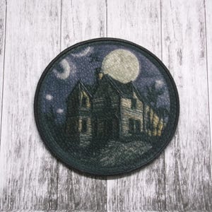 Haunted House Patch Iron-on Applique for Jacket, Clothing, Backpack, Tote Bag, Vest, glowing moon, bats, gothic horror badge, spooky scene