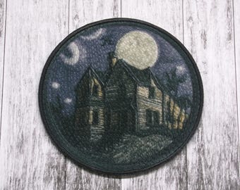 Haunted House Patch Iron-on Applique for Jacket, Clothing, Backpack, Tote Bag, Vest, glowing moon, bats, gothic horror badge, spooky scene