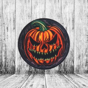 Pumpkin Patch Iron-on Applique for Jacket, Clothing, Backpack, Tote Bag, Vest, scary grin face, spooky jack-o’-lantern, horror theme badge