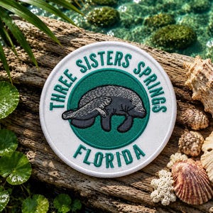 Può includere: Toppa rotonda con la scritta "THREE SISTERS SPRINGS FLORIDA" che circonda un'illustrazione di lamantino grigio su sfondo verde acqua. La toppa è bianca con un bordo verde acqua ed è appoggiata su un pezzo di legno con conchiglie.