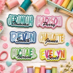 Puede incluir: Seis parches bordados con los nombres Jeramiah Donovan, Madison Perry, Devin Smith, Charlotte James, Michael Iverson y Evelyn Scott en varios colores, presentados junto a suministros de costura como carretes de hilo y botones.