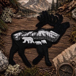 Elk Patch Embroidered Iron-on/Sew-on DIY Applique for Vest Jacket Clothing Backpack, Wild Animal Badge, Bling Bear, Mountain, Nature Emblem