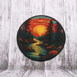Outdoor Nature Patch Iron-on/Sew-on Applique for Clothing Vest Backpack, Mountain Badge, River, Sunset, Seek Adventure, Explore More