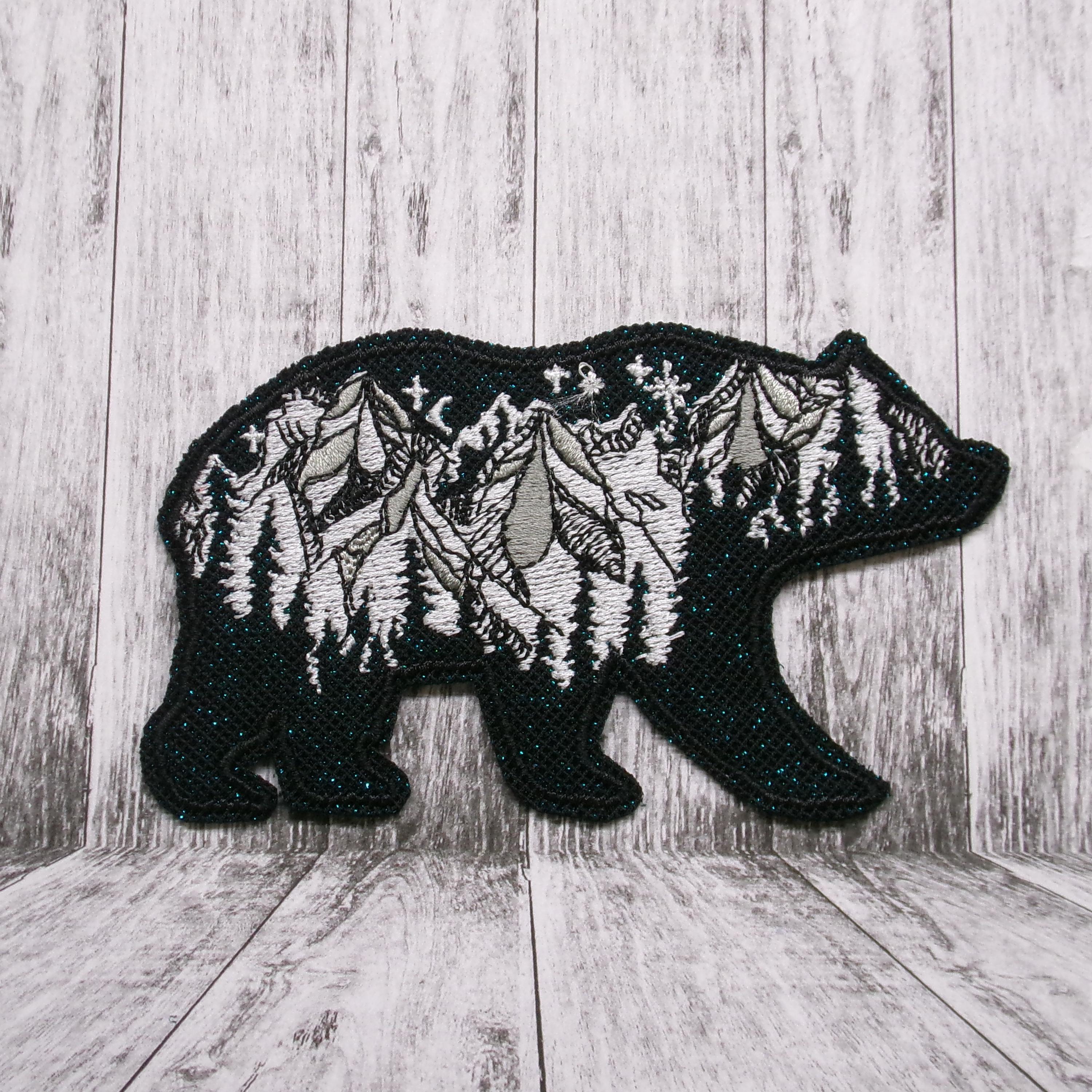 Bling Bear Patch Embroidered Iron-On Applique for Jacket, Backpack, Clothing, Tote Bag, Vest, wilderness, forest, hiking gear, night sky