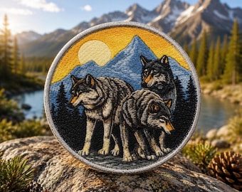 Aplique de lobo/Aplique termocolante/Emblema de animal selvagem/Camping e trilhas/Parques nacionais/Natureza/Aplique para costurar em roupas, coletes, jaquetas, chapéus, mochilas e equipamentos