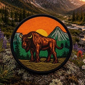 May include: A circular embroidered patch featuring a brown bison standing in a landscape with green mountains, a forest, and a bright yellow sun set against an orange sky. The patch has a thick black border and detailed thread work.