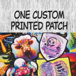 May include: A collection of custom printed patches featuring various designs. One patch depicts a cow with a flower crown, another features a skeleton with the text "Dead inside but still cute", and another shows a pink flower with a hand holding it.