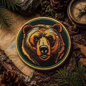 Grizzly Bear Patch/Iron-On Patch/Brown Bear/Wild Animal Badge/Hiking & Camping/Sew-On Applique for Clothing Vest/Jacket Hats Backpack