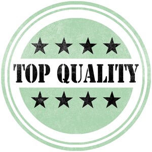 May include: A round, light green sticker with the words "TOP QUALITY" in bold, black letters. The sticker has two rows of four black stars and a white border.