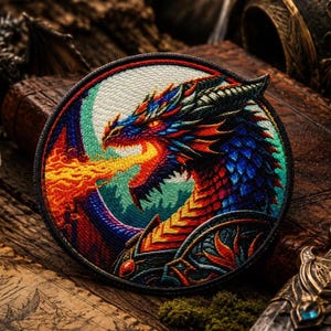 Könnte beinhalten: Runder, gestickter Aufnäher mit einem detaillierten Drachendesign. Der Drache ist in leuchtenden Farben dargestellt, darunter Rot, Blau und Gelb, mit Flammen, die aus seinem Maul kommen. Der Aufnäher hat einen schwarzen Rand und ist für Kleidung oder Accessoires geeignet.