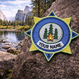 CUSTOM "YOUR NAME" Personalized Text Badge - Compass Forest Trees Embroidered Patch Iron-On/Sew-on Nature Applique, Hiking Trail Explore
