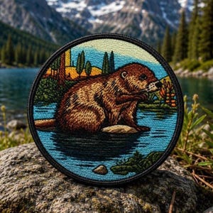 May include: A circular embroidered patch featuring a brown beaver sitting on a rock in blue water. The background depicts a landscape with green trees, yellow foliage, and distant mountains. The patch has a thick black stitched border.