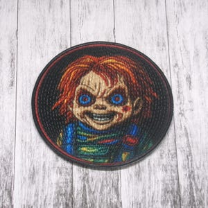 Evil Doll Patch Iron-on Applique for Jacket, Clothing, Backpack, Tote Bag, Vest, red hair, scary toy, cursed face, possessed horror badge