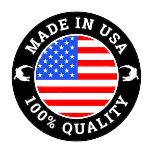 May include: A black and white circle with the text "Made in USA 100% Quality" around the edge. The centre of the circle features a red, white and blue American flag.