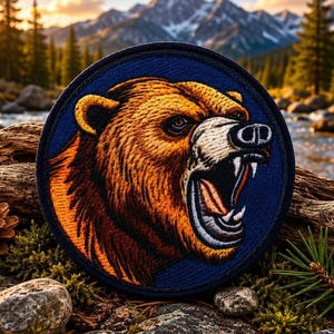 Parche de oso grizzly/Parche termoadhesivo/Oso pardo/Insignia de animal salvaje/Camping y senderismo/Aplicación para coser en ropa, chalecos, chaquetas, sombreros y mochilas.