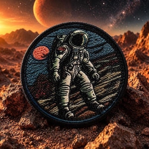 May include: A circular embroidered patch featuring an astronaut in a white suit walking on a rocky, reddish-brown landscape. The design includes a dark blue sky, a small orange planet, and a black border, capturing a space exploration scene.