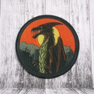 May include: A black and green embroidered patch of a dragon with a red and yellow sunset background.