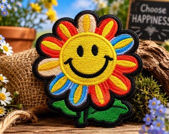 Colorful Daisy Patch/Iron-on Patch/Flower Smile/Positive Vibes/Retro Hippie Sunshine/Sew-On Applique for Clothing Vest/Jacket Backpack