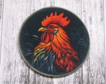 Rooster Patch Iron-on Applique for Jacket, Clothing, Backpack, Tote Bag, Vest, farm animal, barnyard badge, rustic charm, chicken emblem
