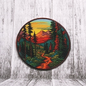 Outdoor Nature Patch Iron-on/Sew-on Applique for Clothing Vest Backpack, Mountain Badge, River, Sunset, Seek Adventure, Explore More