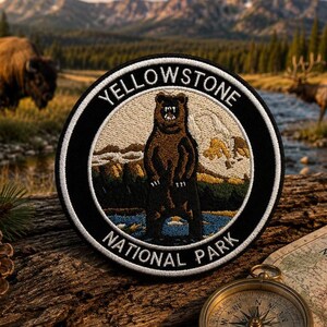 Yellowstone National Park Patch/Iron-On Patch/Bear & Nature Badge/Hiking Camping Souvenir/Embroidered Sew-On Applique for Clothing Backpacks