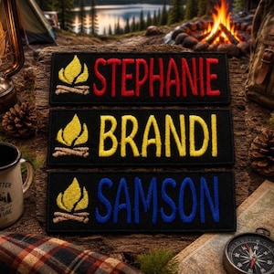 Custom vintage-styled iron-on name tag patch. For your uniform, shirt, apron, coveralls, backpack, jacket, vest or dog harness, campfire