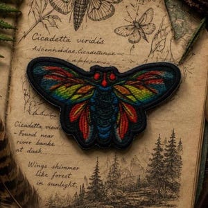 May include: A fabric patch shaped like a cicada with a dark blue body and wings featuring a vibrant gradient of red, orange, yellow, and green. The insect has two prominent red eyes and is outlined with a thick black border for definition.