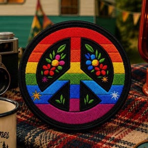 Pode incluir: Remendo redondo bordado com um símbolo de paz em cores de arco-íris. O símbolo da paz é preto com detalhes florais em vermelho, rosa, amarelo e azul. O remendo tem uma borda preta e está sobre um fundo xadrez.
