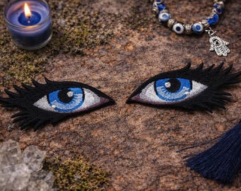 2 Pack Blue Evil Eye Patches/Iron-On Patch/Warding Charm/Embroidered Sew-on Applique for Clothing Vest/Jacket Backpack