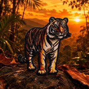May include: An embroidered patch featuring a tiger standing in profile, rendered in shades of orange, black, and white. The tiger has detailed fur texture, a black border, and a focused expression, showcasing intricate thread work throughout the design.