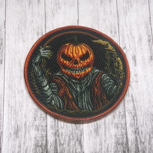 Wicked Scarecrow Patch Iron-on Applique for Jacket, Clothing, Backpack, Tote Bag, Vest, creepy pumpkin head, spooky season badge, gothic