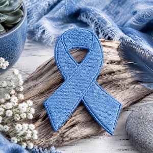 Pode incluir: Uma fita de conscientização azul clara bordada, sobre madeira flutuante. Uma pena azul, uma pedra cinza e flores brancas a rodeiam. O fundo inclui um vaso de cerâmica azul com uma suculenta e tecido azul. Um símbolo de apoio.