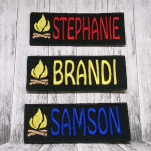 Custom vintage-styled iron-on name tag patch. For your uniform, shirt, apron, coveralls, backpack, jacket, vest or dog harness, campfire
