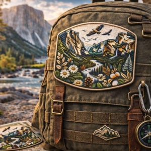 May include: A green canvas backpack with leather straps and a decorative patch featuring a mountain landscape, river, and flying birds. A compass hangs from the side. The backpack is designed for outdoor adventures.