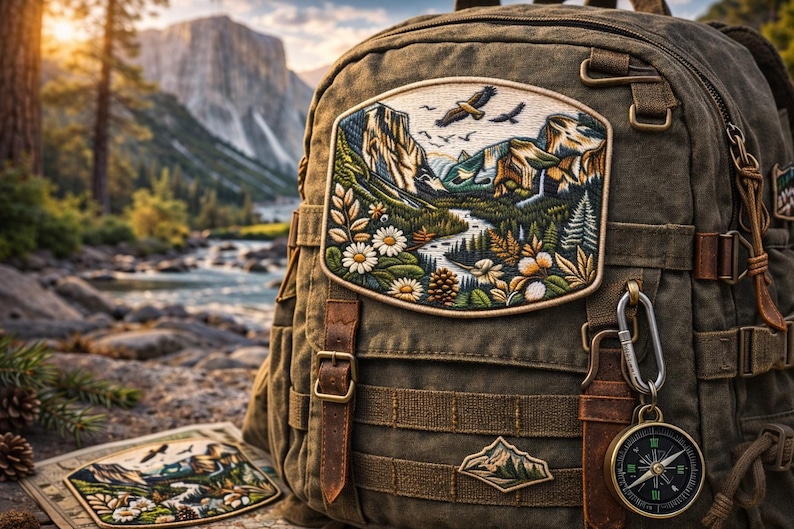 May include: A green canvas backpack with leather straps and a decorative patch featuring a mountain landscape, river, and flying birds. A compass hangs from the side. The backpack is designed for outdoor adventures.