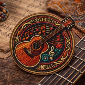 Pode incluir: Um emblema bordado circular apresentando uma guitarra acústica detalhada em tons de laranja e castanho, rodeada por notas musicais, uma rosa vermelha e uma clave de sol. O design está sobre um fundo escuro com bordas douradas.