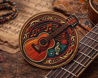 Akustische Gitarre Patch / Bügelbild Gitarre / Folk Musik Emblem / Hippie-Stil / Retro-Musikliebhaber / Aufnäher für Kleidung Weste / Jacke Rucksack Ausrüstung