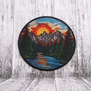 Outdoor Nature Patch Iron-on/Sew-on Applique for Clothing Vest Backpack, Mountain Badge, River, Sunset, Seek Adventure, Explore More